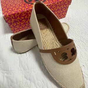 Tory Burch Cream Canvas Espadrille Flats with Brown Leather Trim